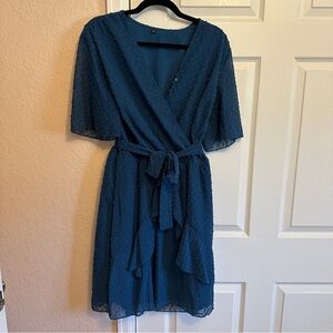 Faux Wrap Short Sleeve Dress, Blue, Size Large
